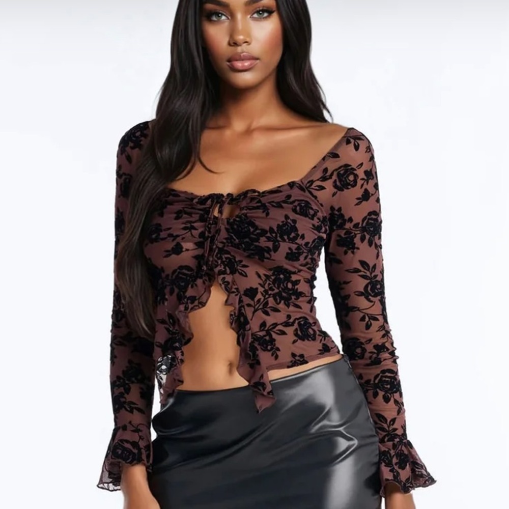 Fashion Nova Brown Floral Mesh Blouse